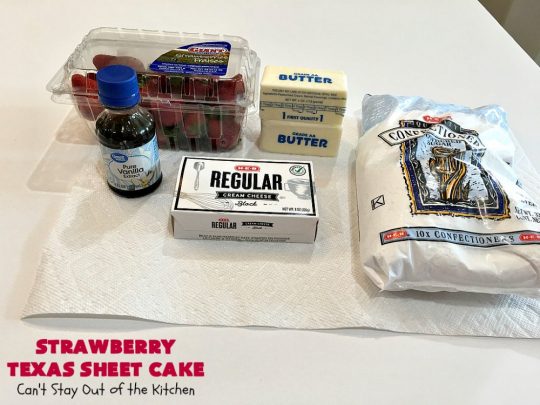 Strawberry Texas Sheet Cake | Can't Stay Out of the Kitchen | this amazing #dessert will have you drooling from the first bite! The #CreamCheese icing is fantastic. Perfect #cake for company or #holidays because it feeds a crowd and everyone wants seconds! #SheetCake #TexasSheetCake #strawberries #StrawberryTexasSheetCake #HolidayDessert #Christmas #ValentinesDay
