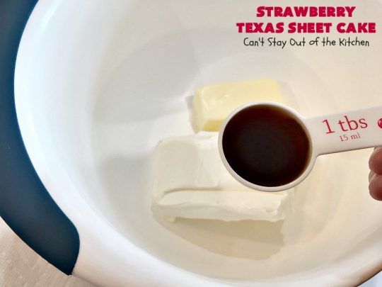 Strawberry Texas Sheet Cake | Can't Stay Out of the Kitchen | this amazing #dessert will have you drooling from the first bite! The #CreamCheese icing is fantastic. Perfect #cake for company or #holidays because it feeds a crowd and everyone wants seconds! #SheetCake #TexasSheetCake #strawberries #StrawberryTexasSheetCake #HolidayDessert #Christmas #ValentinesDay