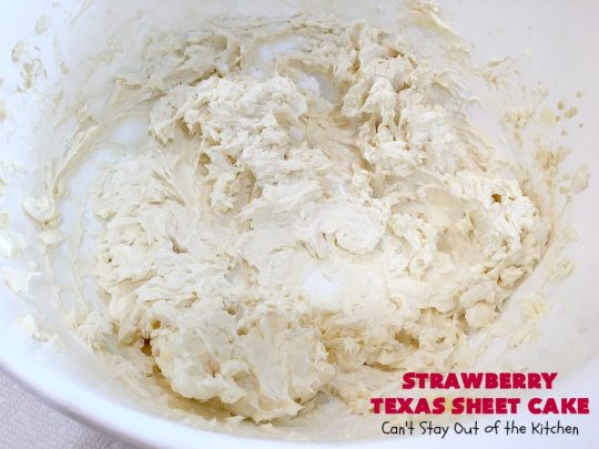 Strawberry Texas Sheet Cake | Can't Stay Out of the Kitchen | this amazing #dessert will have you drooling from the first bite! The #CreamCheese icing is fantastic. Perfect #cake for company or #holidays because it feeds a crowd and everyone wants seconds! #SheetCake #TexasSheetCake #strawberries #StrawberryTexasSheetCake #HolidayDessert #Christmas #ValentinesDay