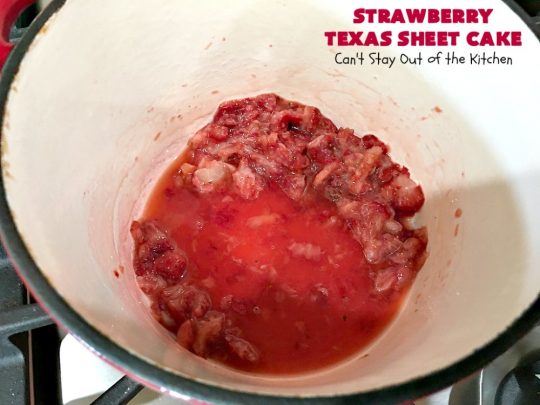 Strawberry Texas Sheet Cake | Can't Stay Out of the Kitchen | this amazing #dessert will have you drooling from the first bite! The #CreamCheese icing is fantastic. Perfect #cake for company or #holidays because it feeds a crowd and everyone wants seconds! #SheetCake #TexasSheetCake #strawberries #StrawberryTexasSheetCake #HolidayDessert #Christmas #ValentinesDay