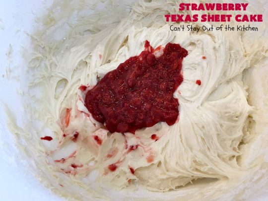 Strawberry Texas Sheet Cake | Can't Stay Out of the Kitchen | this amazing #dessert will have you drooling from the first bite! The #CreamCheese icing is fantastic. Perfect #cake for company or #holidays because it feeds a crowd and everyone wants seconds! #SheetCake #TexasSheetCake #strawberries #StrawberryTexasSheetCake #HolidayDessert #Christmas #ValentinesDay