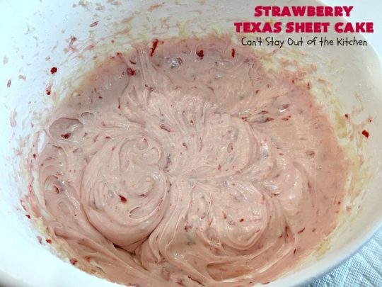 Strawberry Texas Sheet Cake | Can't Stay Out of the Kitchen | this amazing #dessert will have you drooling from the first bite! The #CreamCheese icing is fantastic. Perfect #cake for company or #holidays because it feeds a crowd and everyone wants seconds! #SheetCake #TexasSheetCake #strawberries #StrawberryTexasSheetCake #HolidayDessert #Christmas #ValentinesDay