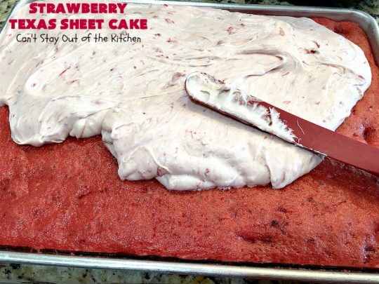 Strawberry Texas Sheet Cake | Can't Stay Out of the Kitchen | this amazing #dessert will have you drooling from the first bite! The #CreamCheese icing is fantastic. Perfect #cake for company or #holidays because it feeds a crowd and everyone wants seconds! #SheetCake #TexasSheetCake #strawberries #StrawberryTexasSheetCake #HolidayDessert #Christmas #ValentinesDay