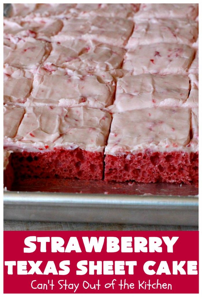 Strawberry Texas Sheet Cake | Can't Stay Out of the Kitchen | this amazing #dessert will have you drooling from the first bite! The #CreamCheese icing is fantastic. Perfect #cake for company or #holidays because it feeds a crowd and everyone wants seconds! #SheetCake #TexasSheetCake #strawberries #StrawberryTexasSheetCake #HolidayDessert #Christmas #ValentinesDay