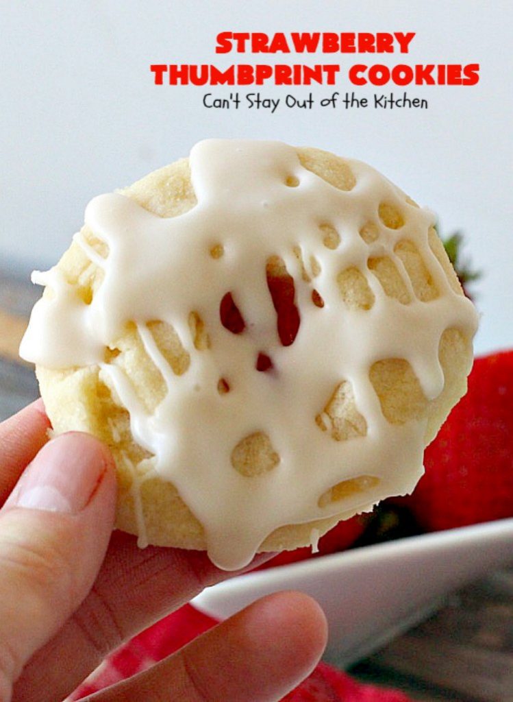 Strawberry Thumbprint Cookies | Can't Stay Out of the Kitchen | these kid-friendly #cookies are perfect for any kind of #holiday, family reunion, backyard BBQ, or other parties. So delicious. #dessert #strawberry