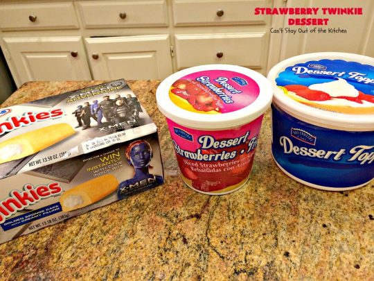 Strawberry Twinkie Dessert | Can't Stay Out of the Kitchen | this spectacular #dessert uses only 3 ingredients including #HostessTwinkies! Perfect #strawberry dessert for #FourthofJuly & other summer #holidays. So easy.