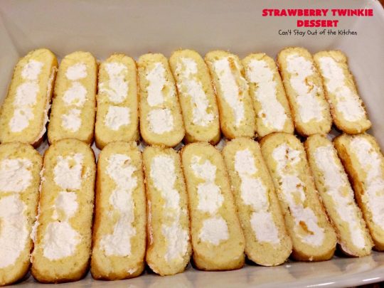 Strawberry Twinkie Dessert | Can't Stay Out of the Kitchen | this spectacular #dessert uses only 3 ingredients including #HostessTwinkies! Perfect #strawberry dessert for #FourthofJuly & other summer #holidays. So easy.