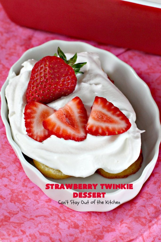 Strawberry Twinkie Dessert | Can't Stay Out of the Kitchen | this spectacular #dessert uses only 3 ingredients including #HostessTwinkies! Perfect #strawberry dessert for #FourthofJuly & other summer #holidays. So easy.