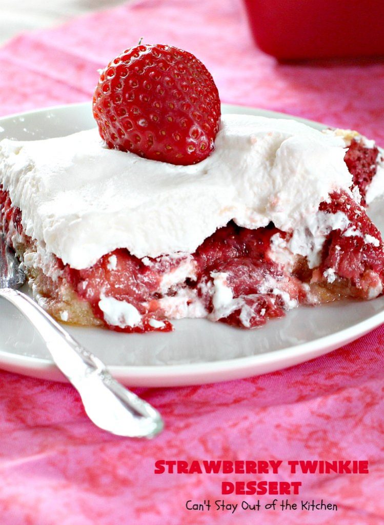 Strawberry Twinkie Dessert | Can't Stay Out of the Kitchen | this spectacular #dessert uses only 3 ingredients including #HostessTwinkies! Perfect #strawberry dessert for #FourthofJuly & other summer #holidays. So easy.