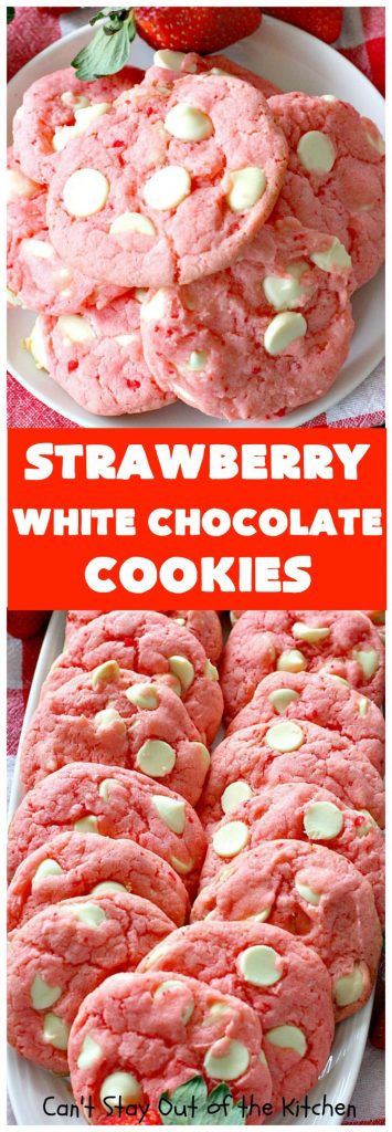 Strawberry White Chocolate Cookies | Can't Stay Out of the Kitchen | super easy 4-ingredient #cookie recipe! It's ideal for #Christmas cookie exchanges and #holiday parties. #strawberry #chocolate #dessert