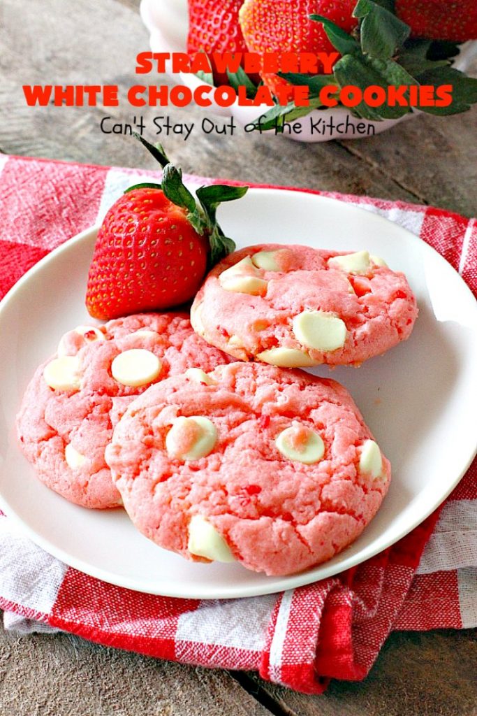 Strawberry White Chocolate Cookies | Can't Stay Out of the Kitchen | super easy 4-ingredient #cookie recipe! It's ideal for #Christmas cookie exchanges and #holiday parties. #strawberry #chocolate #dessert