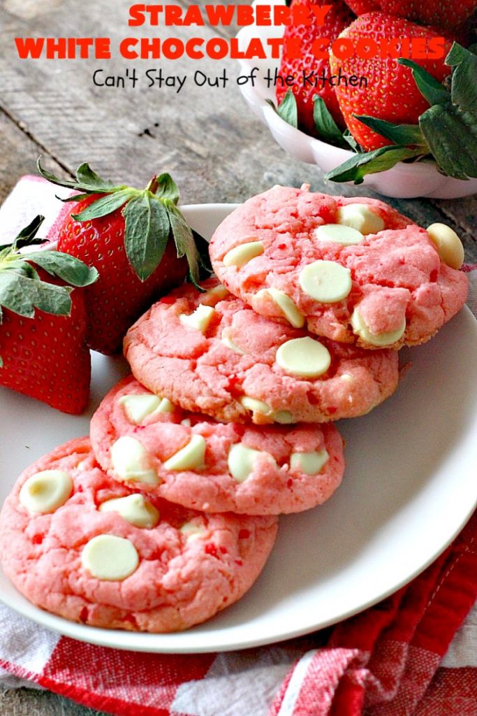 Strawberry White Chocolate Cookies | Can't Stay Out of the Kitchen | super easy 4-ingredient #cookie recipe! It's ideal for #Christmas cookie exchanges and #holiday parties. #strawberry #chocolate #dessert