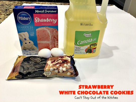 Strawberry White Chocolate Cookies | Can't Stay Out of the Kitchen | super easy 4-ingredient #cookie recipe! It's ideal for #Christmas cookie exchanges and #holiday parties. #strawberry #chocolate #dessert