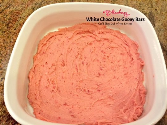 Strawberry White Chocolate Gooey Bars | Can't Stay Out of the Kitchen | these incredibly gooey #brownies are so easy & delicious. They start with a #strawberry #cakemix & are filled with #whitechocolatechips & sweetened #condensedmilk. #dessert #cookie #chocolate