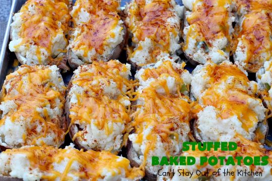 Stuffed Baked Potatoes | Can't Stay Out of the Kitchen | these wonderful #potatoes use two cheeses--#cheddar & #parmesan. They're filled with flavor and terrific for company or #holiday dinners like #Easter or #MothersDay. #StuffedBakedPotatoes #GlutenFree #SideDish #DoubleStuffedBakedPotatoes #casserole #HolidaySideDish 