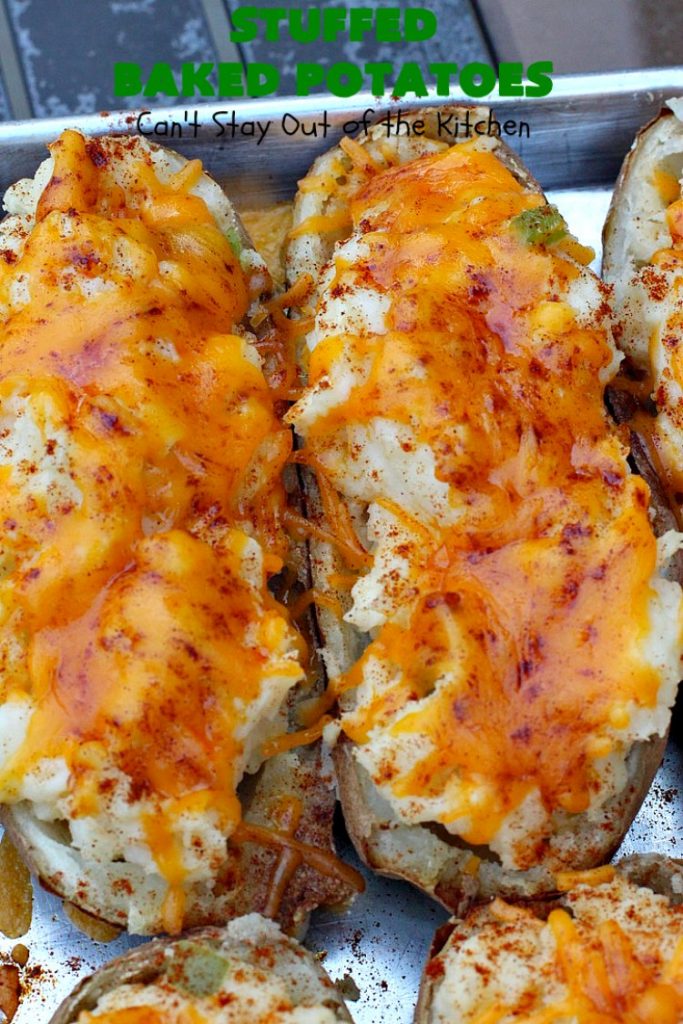 Stuffed Baked Potatoes | Can't Stay Out of the Kitchen | these wonderful #potatoes use two cheeses--#cheddar & #parmesan. They're filled with flavor and terrific for company or #holiday dinners like #Easter or #MothersDay. #StuffedBakedPotatoes #GlutenFree #SideDish #DoubleStuffedBakedPotatoes #casserole #HolidaySideDish 