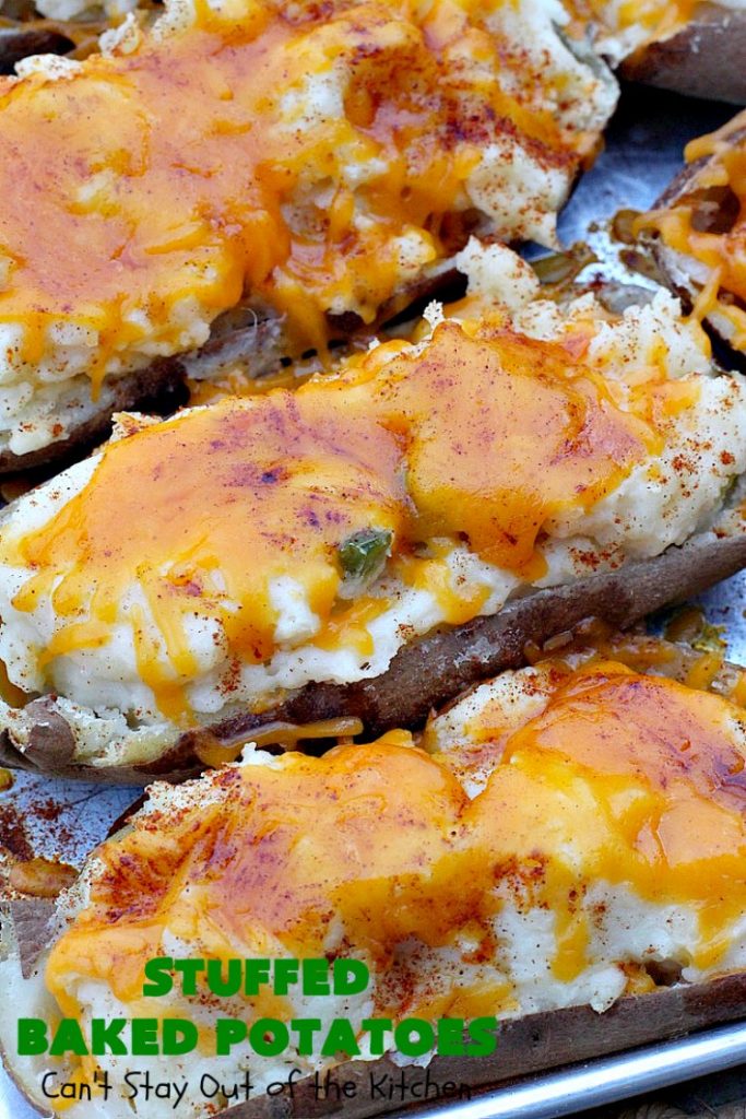 Stuffed Baked Potatoes | Can't Stay Out of the Kitchen | these wonderful #potatoes use two cheeses--#cheddar & #parmesan. They're filled with flavor and terrific for company or #holiday dinners like #Easter or #MothersDay. #StuffedBakedPotatoes #GlutenFree #SideDish #DoubleStuffedBakedPotatoes #casserole #HolidaySideDish 