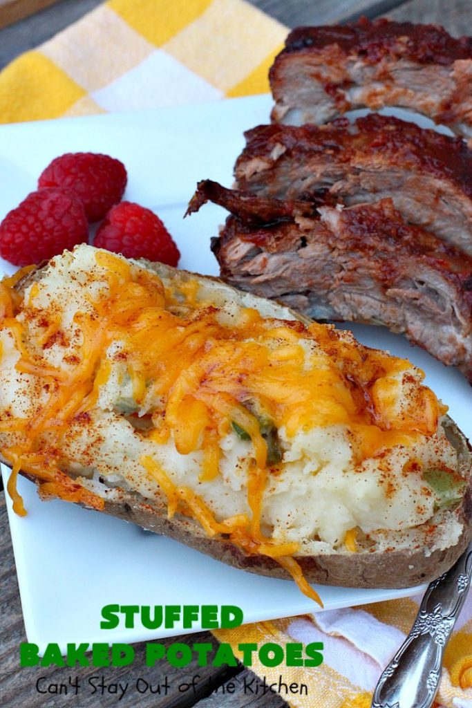 Stuffed Baked Potatoes | Can't Stay Out of the Kitchen | these wonderful #potatoes use two cheeses--#cheddar & #parmesan. They're filled with flavor and terrific for company or #holiday dinners like #Easter or #MothersDay. #StuffedBakedPotatoes #GlutenFree #SideDish #DoubleStuffedBakedPotatoes #casserole #HolidaySideDish 