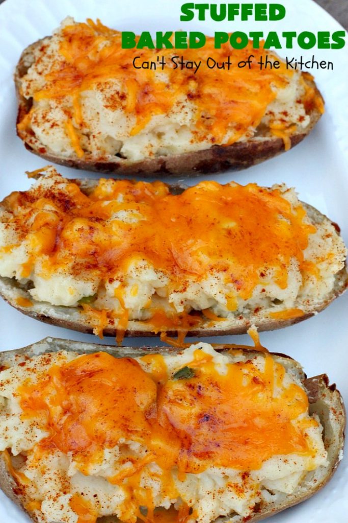 Stuffed Baked Potatoes | Can't Stay Out of the Kitchen | these wonderful #potatoes use two cheeses--#cheddar & #parmesan. They're filled with flavor and terrific for company or #holiday dinners like #Easter or #MothersDay. #StuffedBakedPotatoes #GlutenFree #SideDish #DoubleStuffedBakedPotatoes #casserole #HolidaySideDish 