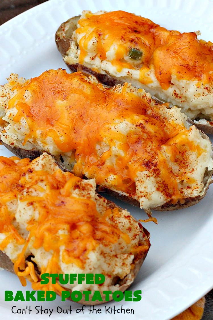Stuffed Baked Potatoes | Can't Stay Out of the Kitchen | these wonderful #potatoes use two cheeses--#cheddar & #parmesan. They're filled with flavor and terrific for company or #holiday dinners like #Easter or #MothersDay. #StuffedBakedPotatoes #GlutenFree #SideDish #DoubleStuffedBakedPotatoes #casserole #HolidaySideDish