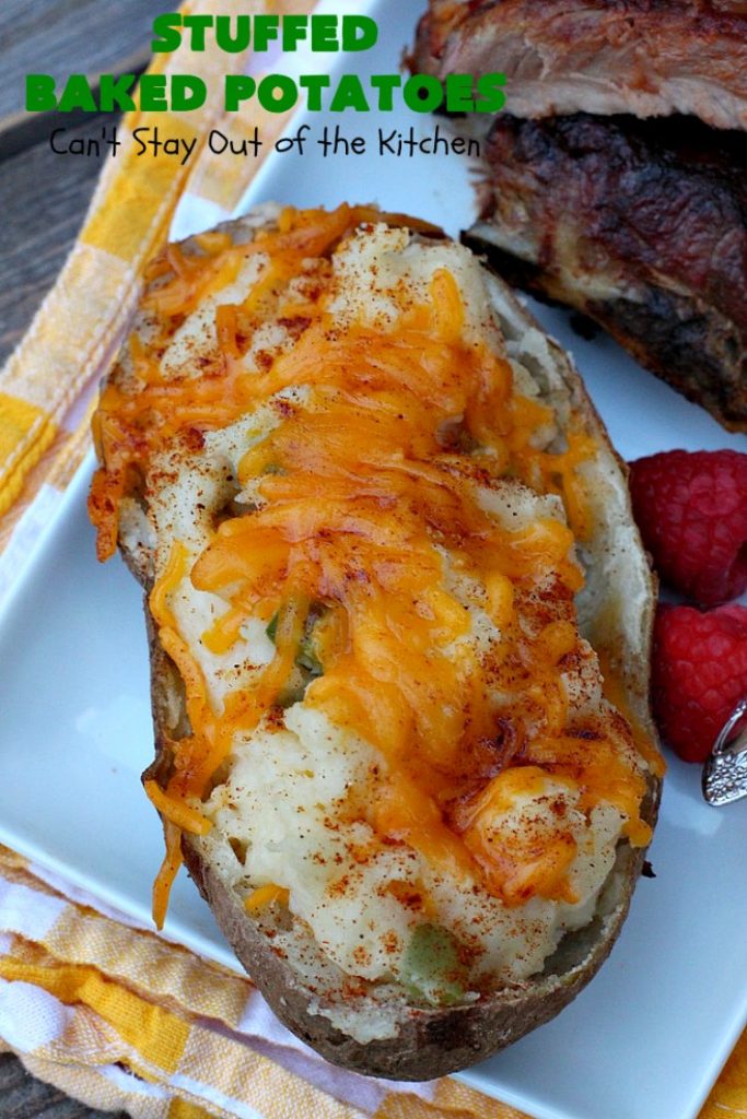 Stuffed Baked Potatoes | Can't Stay Out of the Kitchen | these wonderful #potatoes use two cheeses--#cheddar & #parmesan. They're filled with flavor and terrific for company or #holiday dinners like #Easter or #MothersDay. #StuffedBakedPotatoes #GlutenFree #SideDish #DoubleStuffedBakedPotatoes #casserole #HolidaySideDish 