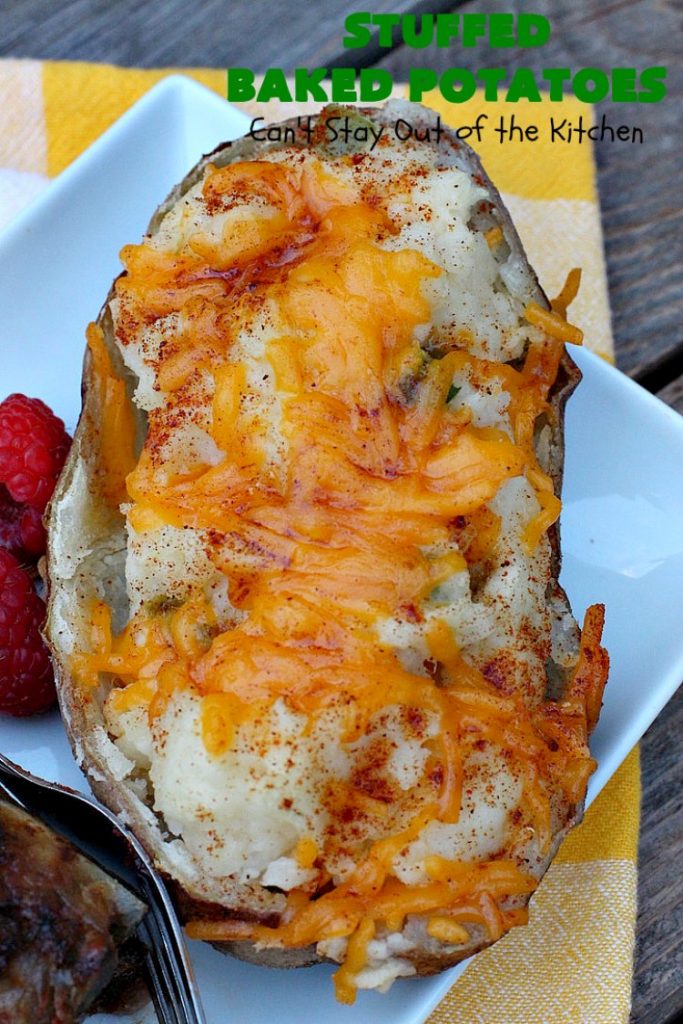 Stuffed Baked Potatoes | Can't Stay Out of the Kitchen | these wonderful #potatoes use two cheeses--#cheddar & #parmesan. They're filled with flavor and terrific for company or #holiday dinners like #Easter or #MothersDay. #StuffedBakedPotatoes #GlutenFree #SideDish #DoubleStuffedBakedPotatoes #casserole #HolidaySideDish 