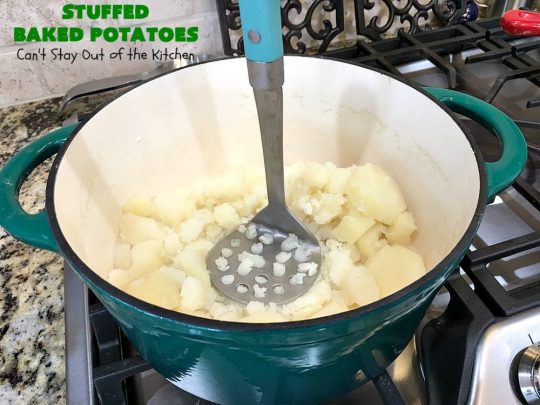 Stuffed Baked Potatoes | Can't Stay Out of the Kitchen | these wonderful #potatoes use two cheeses--#cheddar & #parmesan. They're filled with flavor and terrific for company or #holiday dinners like #Easter or #MothersDay. #StuffedBakedPotatoes #GlutenFree #SideDish #DoubleStuffedBakedPotatoes #casserole #HolidaySideDish 