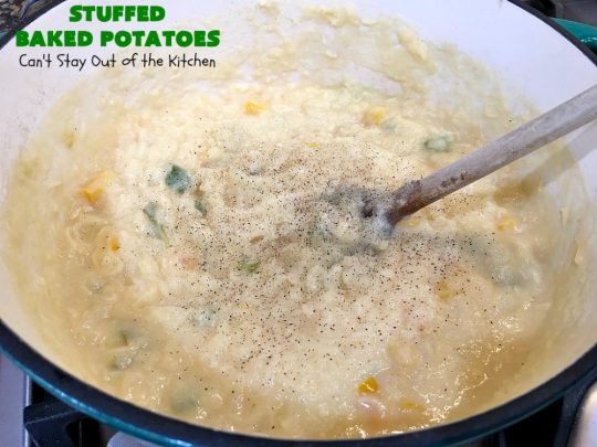 Stuffed Baked Potatoes | Can't Stay Out of the Kitchen | these wonderful #potatoes use two cheeses--#cheddar & #parmesan. They're filled with flavor and terrific for company or #holiday dinners like #Easter or #MothersDay. #StuffedBakedPotatoes #GlutenFree #SideDish #DoubleStuffedBakedPotatoes #casserole #HolidaySideDish 