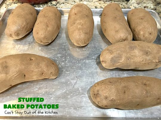 Stuffed Baked Potatoes | Can't Stay Out of the Kitchen | these wonderful #potatoes use two cheeses--#cheddar & #parmesan. They're filled with flavor and terrific for company or #holiday dinners like #Easter or #MothersDay. #StuffedBakedPotatoes #GlutenFree #SideDish #DoubleStuffedBakedPotatoes #casserole #HolidaySideDish 