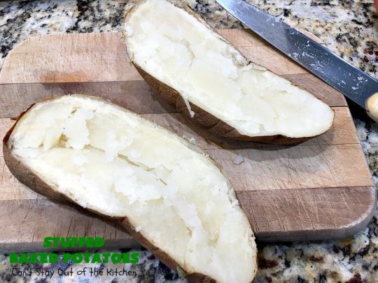 Stuffed Baked Potatoes | Can't Stay Out of the Kitchen | these wonderful #potatoes use two cheeses--#cheddar & #parmesan. They're filled with flavor and terrific for company or #holiday dinners like #Easter or #MothersDay. #StuffedBakedPotatoes #GlutenFree #SideDish #DoubleStuffedBakedPotatoes #casserole #HolidaySideDish 