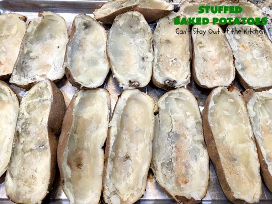Stuffed Baked Potatoes | Can't Stay Out of the Kitchen | these wonderful #potatoes use two cheeses--#cheddar & #parmesan. They're filled with flavor and terrific for company or #holiday dinners like #Easter or #MothersDay. #StuffedBakedPotatoes #GlutenFree #SideDish #DoubleStuffedBakedPotatoes #casserole #HolidaySideDish 