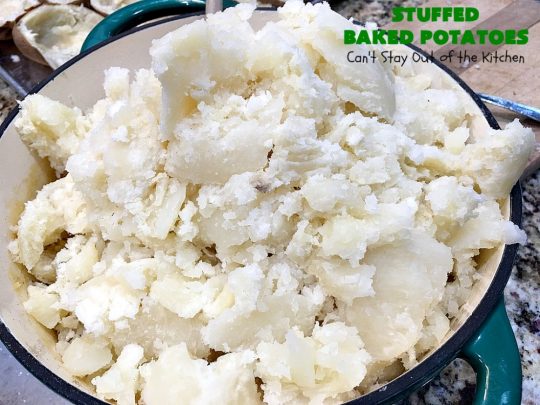 Stuffed Baked Potatoes | Can't Stay Out of the Kitchen | these wonderful #potatoes use two cheeses--#cheddar & #parmesan. They're filled with flavor and terrific for company or #holiday dinners like #Easter or #MothersDay. #StuffedBakedPotatoes #GlutenFree #SideDish #DoubleStuffedBakedPotatoes #casserole #HolidaySideDish 