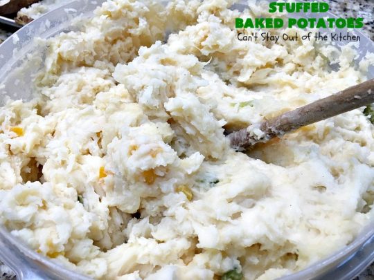Stuffed Baked Potatoes | Can't Stay Out of the Kitchen | these wonderful #potatoes use two cheeses--#cheddar & #parmesan. They're filled with flavor and terrific for company or #holiday dinners like #Easter or #MothersDay. #StuffedBakedPotatoes #GlutenFree #SideDish #DoubleStuffedBakedPotatoes #casserole #HolidaySideDish 