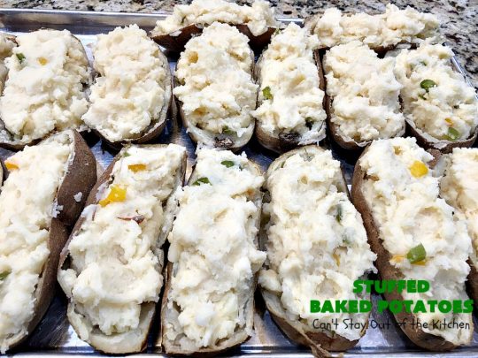 Stuffed Baked Potatoes | Can't Stay Out of the Kitchen | these wonderful #potatoes use two cheeses--#cheddar & #parmesan. They're filled with flavor and terrific for company or #holiday dinners like #Easter or #MothersDay. #StuffedBakedPotatoes #GlutenFree #SideDish #DoubleStuffedBakedPotatoes #casserole #HolidaySideDish 