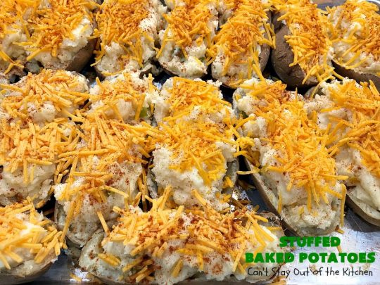 Stuffed Baked Potatoes | Can't Stay Out of the Kitchen | these wonderful #potatoes use two cheeses--#cheddar & #parmesan. They're filled with flavor and terrific for company or #holiday dinners like #Easter or #MothersDay. #StuffedBakedPotatoes #GlutenFree #SideDish #DoubleStuffedBakedPotatoes #casserole #HolidaySideDish 