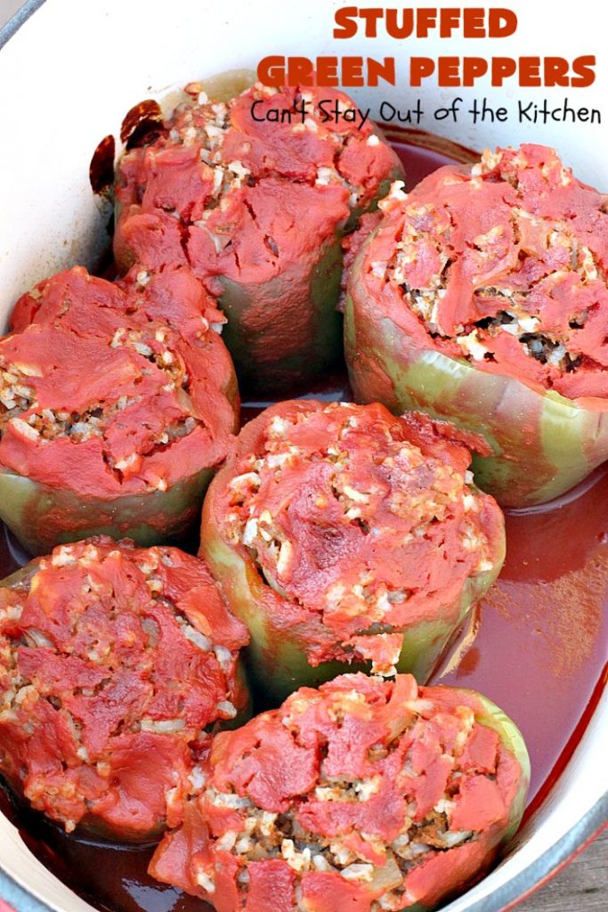 Stuffed Green Peppers | Can't Stay Out of the Kitchen | this delicious vintage #recipe is a family favorite. #BellPeppers are stuffed with #GroundBeef & #rice & covered with #TomatoSauce & a pinch of brown sugar. The slightly sweet & savory taste is so mouthwatering. Delightful comfort food entree. #StuffedGreenPeppers #GlutenFree