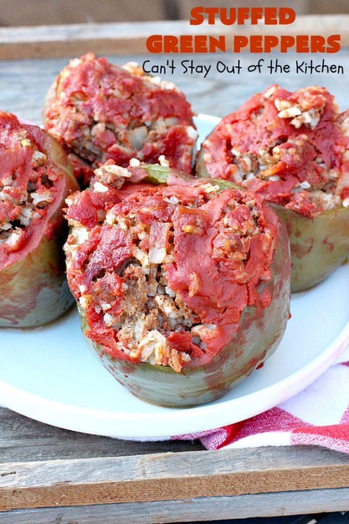 Stuffed Green Peppers | Can't Stay Out of the Kitchen | this delicious vintage #recipe is a family favorite. #BellPeppers are stuffed with #GroundBeef & #rice & covered with #TomatoSauce & a pinch of brown sugar. The slightly sweet & savory taste is so mouthwatering. Delightful comfort food entree. #StuffedGreenPeppers #GlutenFree