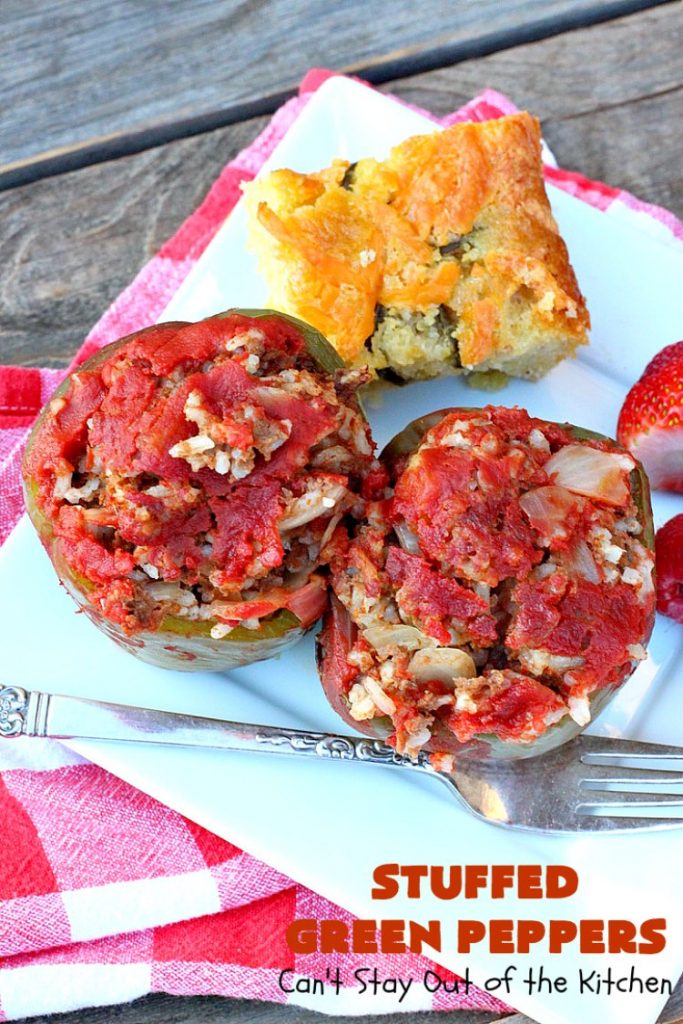 Stuffed Green Peppers | Can't Stay Out of the Kitchen | this delicious vintage #recipe is a family favorite. #BellPeppers are stuffed with #GroundBeef & #rice & covered with #TomatoSauce & a pinch of brown sugar. The slightly sweet & savory taste is so mouthwatering. Delightful comfort food entree. #StuffedGreenPeppers #GlutenFree