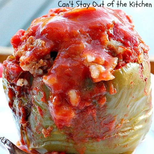 Stuffed Green Peppers | Can't Stay Out of the Kitchen | this delicious vintage #recipe is a family favorite. #BellPeppers are stuffed with #GroundBeef & #rice & covered with #TomatoSauce & a pinch of brown sugar. The slightly sweet & savory taste is so mouthwatering. Delightful comfort food entree. #StuffedGreenPeppers #GlutenFree