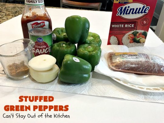 Stuffed Green Peppers | Can't Stay Out of the Kitchen | this delicious vintage #recipe is a family favorite. #BellPeppers are stuffed with #GroundBeef & #rice & covered with #TomatoSauce & a pinch of brown sugar. The slightly sweet & savory taste is so mouthwatering. Delightful comfort food entree. #StuffedGreenPeppers #GlutenFree