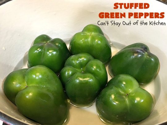 Stuffed Green Peppers | Can't Stay Out of the Kitchen | this delicious vintage #recipe is a family favorite. #BellPeppers are stuffed with #GroundBeef & #rice & covered with #TomatoSauce & a pinch of brown sugar. The slightly sweet & savory taste is so mouthwatering. Delightful comfort food entree. #StuffedGreenPeppers #GlutenFree