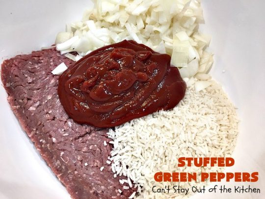 Stuffed Green Peppers | Can't Stay Out of the Kitchen | this delicious vintage #recipe is a family favorite. #BellPeppers are stuffed with #GroundBeef & #rice & covered with #TomatoSauce & a pinch of brown sugar. The slightly sweet & savory taste is so mouthwatering. Delightful comfort food entree. #StuffedGreenPeppers #GlutenFree