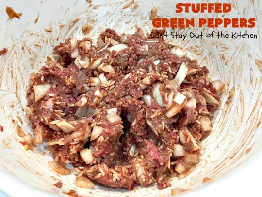Stuffed Green Peppers | Can't Stay Out of the Kitchen | this delicious vintage #recipe is a family favorite. #BellPeppers are stuffed with #GroundBeef & #rice & covered with #TomatoSauce & a pinch of brown sugar. The slightly sweet & savory taste is so mouthwatering. Delightful comfort food entree. #StuffedGreenPeppers #GlutenFree