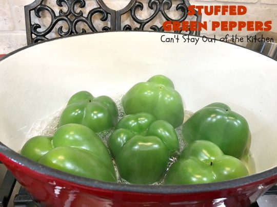 Stuffed Green Peppers | Can't Stay Out of the Kitchen | this delicious vintage #recipe is a family favorite. #BellPeppers are stuffed with #GroundBeef & #rice & covered with #TomatoSauce & a pinch of brown sugar. The slightly sweet & savory taste is so mouthwatering. Delightful comfort food entree. #StuffedGreenPeppers #GlutenFree
