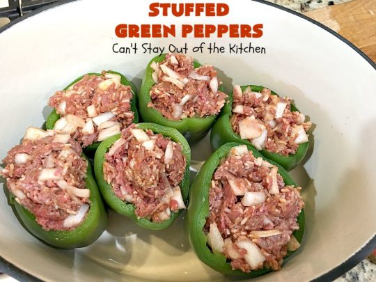 Stuffed Green Peppers | Can't Stay Out of the Kitchen | this delicious vintage #recipe is a family favorite. #BellPeppers are stuffed with #GroundBeef & #rice & covered with #TomatoSauce & a pinch of brown sugar. The slightly sweet & savory taste is so mouthwatering. Delightful comfort food entree. #StuffedGreenPeppers #GlutenFree