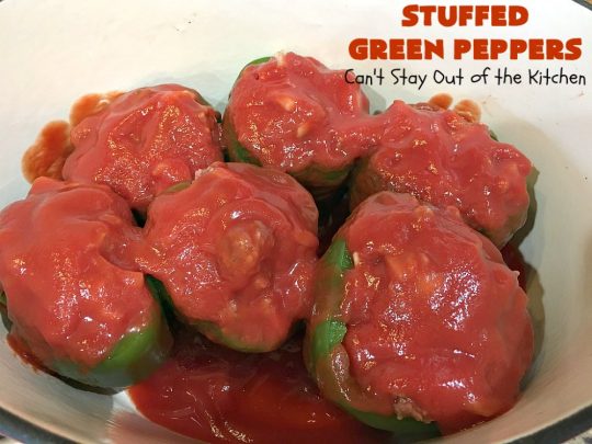 Stuffed Green Peppers | Can't Stay Out of the Kitchen | this delicious vintage #recipe is a family favorite. #BellPeppers are stuffed with #GroundBeef & #rice & covered with #TomatoSauce & a pinch of brown sugar. The slightly sweet & savory taste is so mouthwatering. Delightful comfort food entree. #StuffedGreenPeppers #GlutenFree