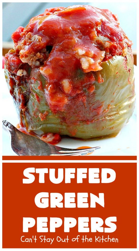 Stuffed Green Peppers | Can't Stay Out of the Kitchen | this delicious vintage #recipe is a family favorite. #BellPeppers are stuffed with #GroundBeef & #rice & covered with #TomatoSauce & a pinch of brown sugar. The slightly sweet & savory taste is so mouthwatering. Delightful comfort food entree. #StuffedGreenPeppers #GlutenFree