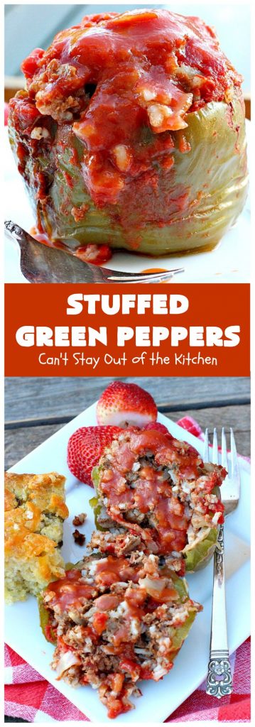 Stuffed Green Peppers | Can't Stay Out of the Kitchen | this delicious vintage #recipe is a family favorite. #BellPeppers are stuffed with #GroundBeef & #rice & covered with #TomatoSauce & a pinch of brown sugar. The slightly sweet & savory taste is so mouthwatering. Delightful comfort food entree. #StuffedGreenPeppers #GlutenFree