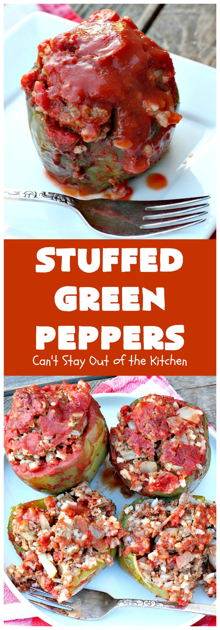 Stuffed Green Peppers | Can't Stay Out of the Kitchen | this delicious vintage #recipe is a family favorite. #BellPeppers are stuffed with #GroundBeef & #rice & covered with #TomatoSauce & a pinch of brown sugar. The slightly sweet & savory taste is so mouthwatering. Delightful comfort food entree. #StuffedGreenPeppers #GlutenFree