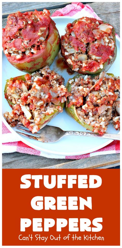 Stuffed Green Peppers | Can't Stay Out of the Kitchen | this delicious vintage #recipe is a family favorite. #BellPeppers are stuffed with #GroundBeef & #rice & covered with #TomatoSauce & a pinch of brown sugar. The slightly sweet & savory taste is so mouthwatering. Delightful comfort food entree. #StuffedGreenPeppers #GlutenFree